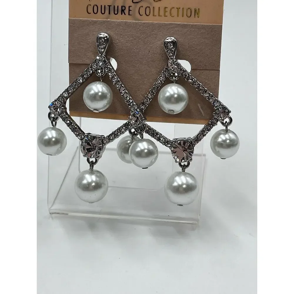 Kenneth‎ Jay Lane White Pearl Crystal Silver Tone Chandelier Clip Earrings New - Picture 5 of 14